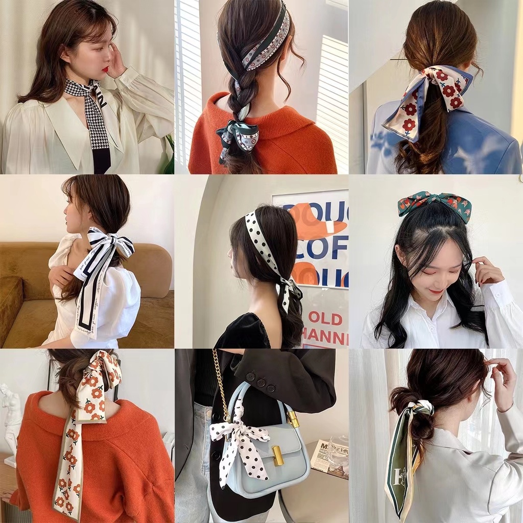 [ COD ] Mini Scraf Leher Kepala Rambut Bahan Silk Immitation Wanita Korean Style -  Ikat Kepala Sutra Korea