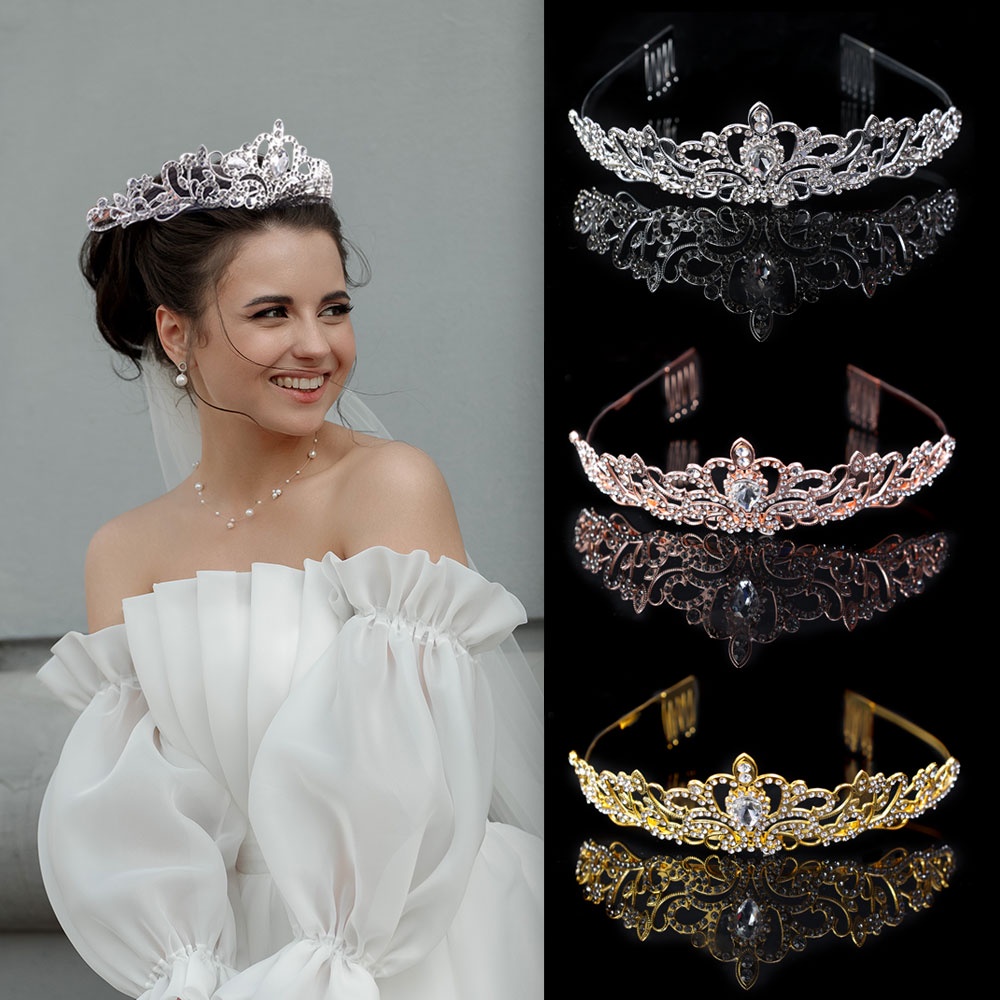 [HOT Sale] Gadis Aksesoris Rambut Non-slip Pesta Ulang Tahun Untuk Pengantin Pernikahan Bridesmaid Wanita Mahkota Dengan Sisir Queen Princess Wanita Vintage Berlian Imitasi Bando Kristal Hiasan Kepala