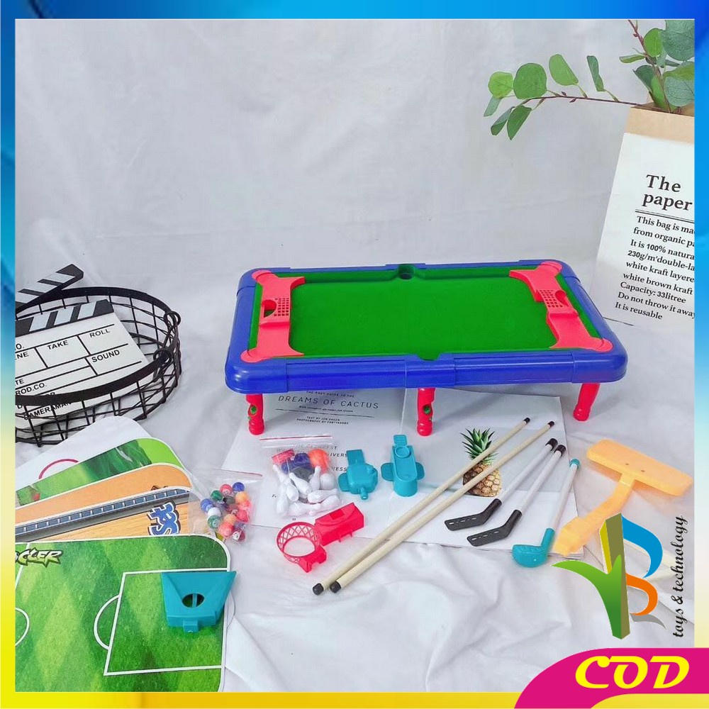 RB-M54 Mainan Anak Laki Laki Game Meja Billiard Multifungsi 6in1 Bola Kaki Bowling Bola Basket Golf
