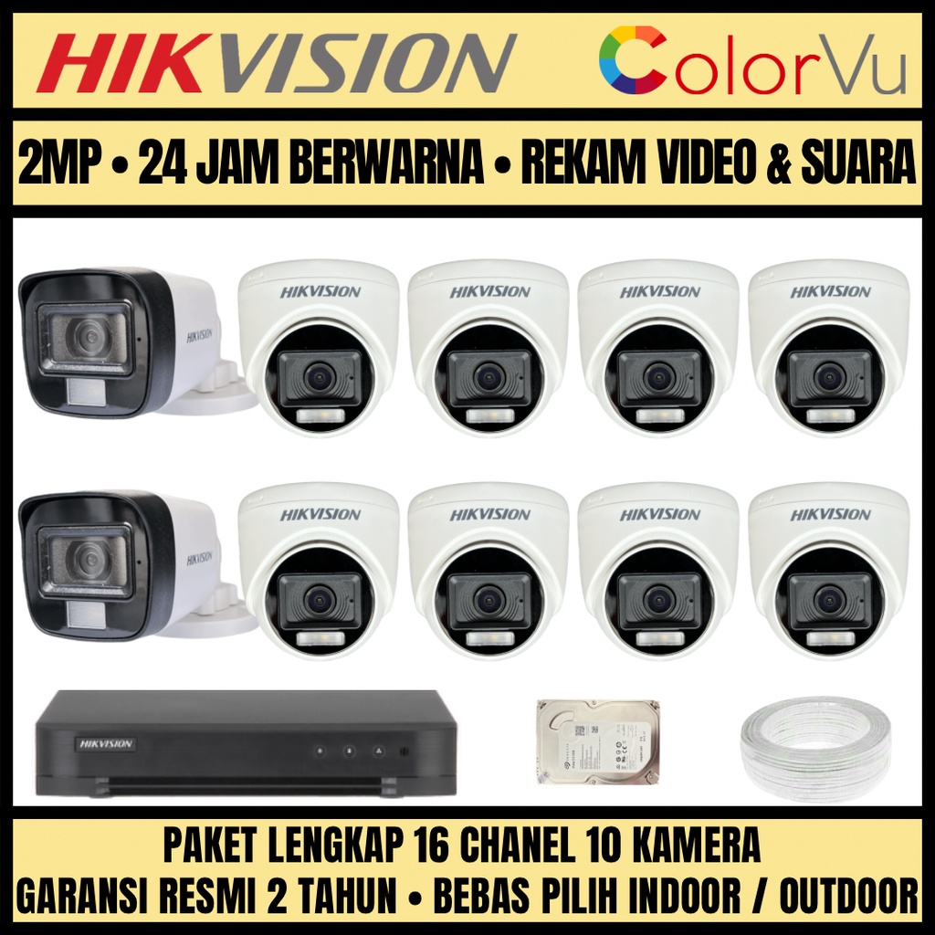 PAKET CCTV HIKVISION COLORVU 2MP 16 CHANNEL 10 CAMERA KAMERA CCTV COLORFUL