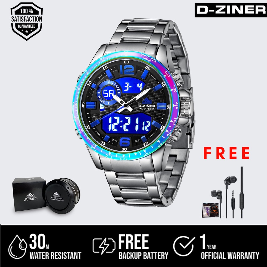 COD JAM TANGAN ORIGINAL PRIA DZINER 8306 DOUBLE TIME RANTAI STAINLESS STEEL WATER RESISTANT 30M