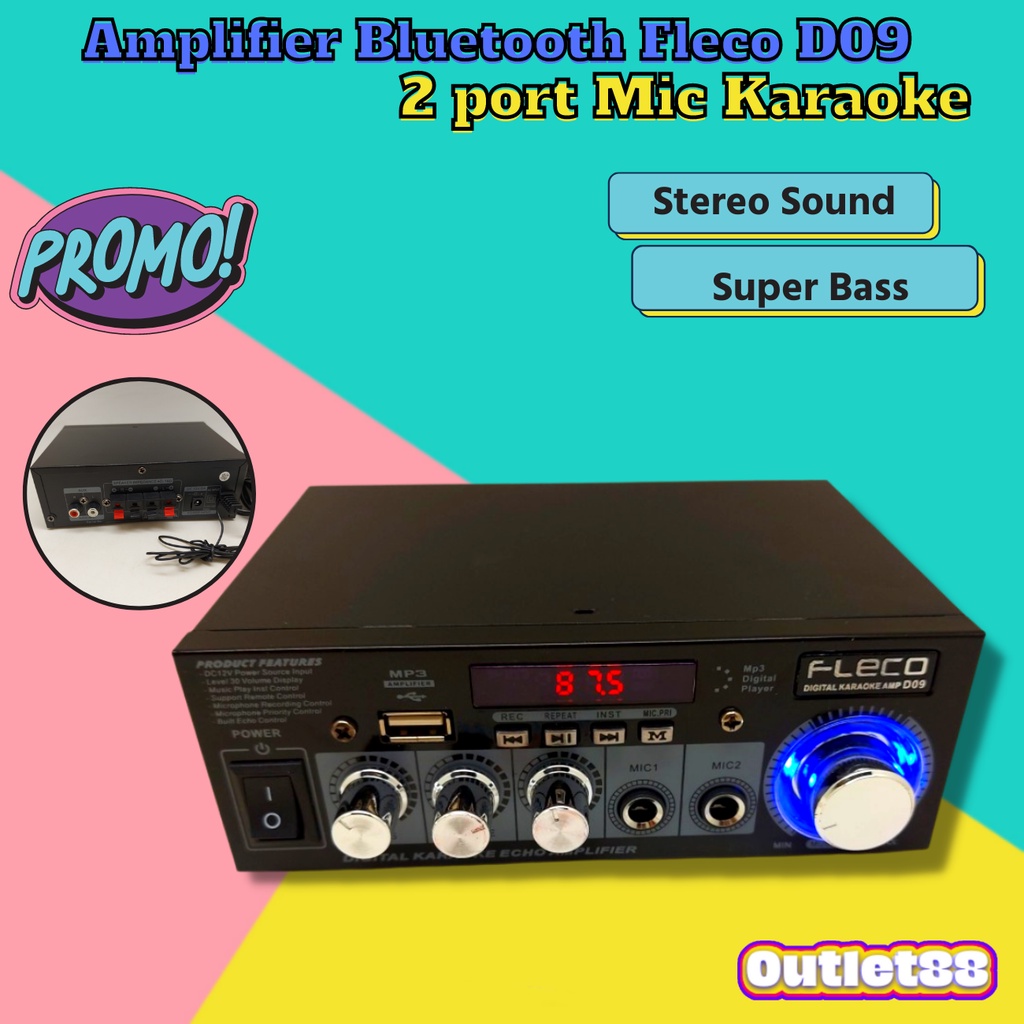 Power Amplifier Bluetooth Karaoke Fleco D09 USb Memory Port Mic dan Radio Ampli Wireless  Mini Digit