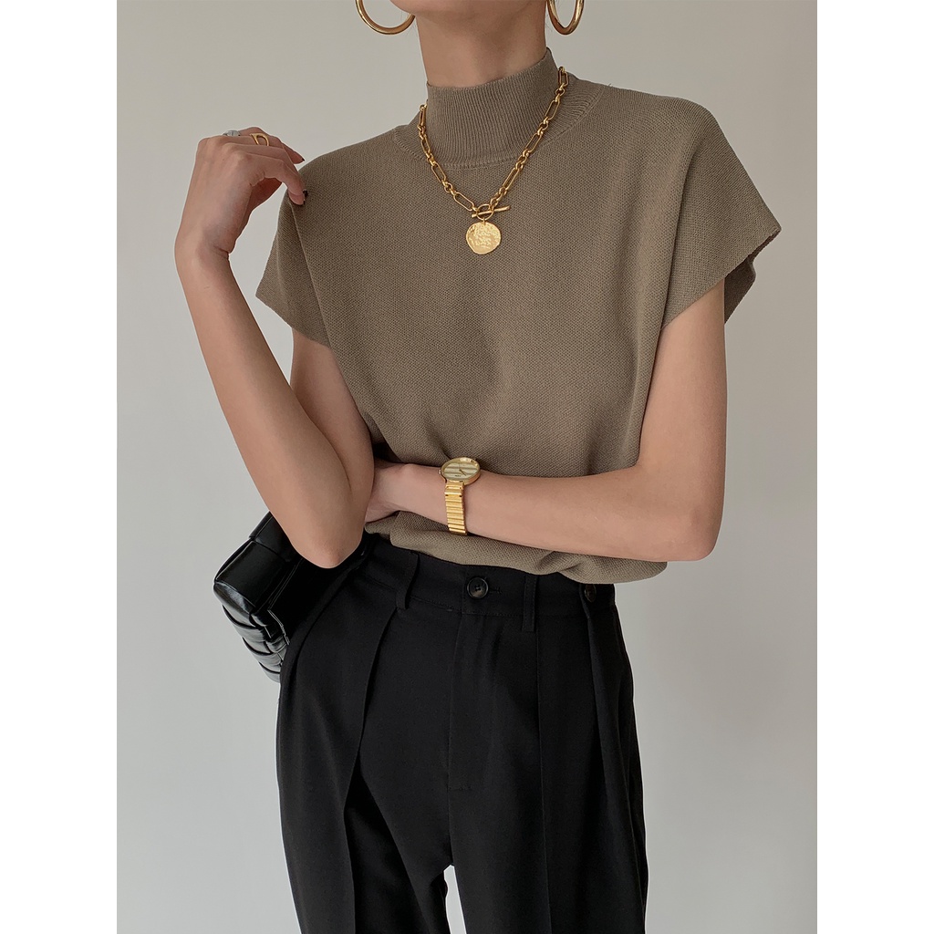 kaos rajut lengan pendek wanita knit polo T-shirt Crop Top  Turtlenack Atasan