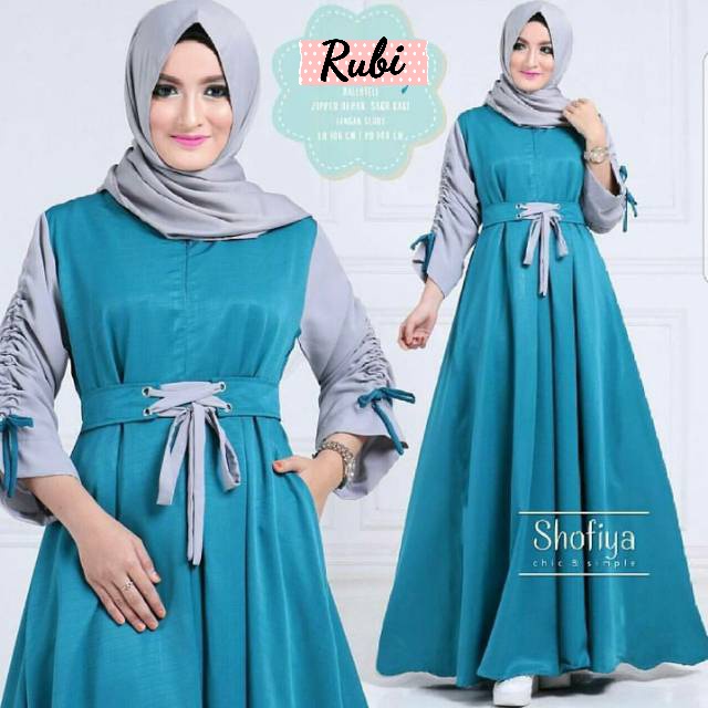 Rubi - Bisa COD Dress Gamis Baju Kondangan Busui Sleting Depan Tali Pinggang Pita Lengan Tangan Keru