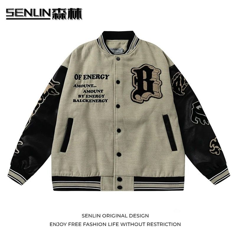 American Retro Jaket Jaket Tebal Bisbol Seragam Nasional Api Ditempel Kain Sulaman Bordir Pria dan W