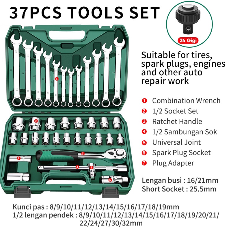 ISKU Tool kit Set Kunci Sok set 37pcs 24gigi kunci pas Set kunci Mata Sok lengkap 37 pcs