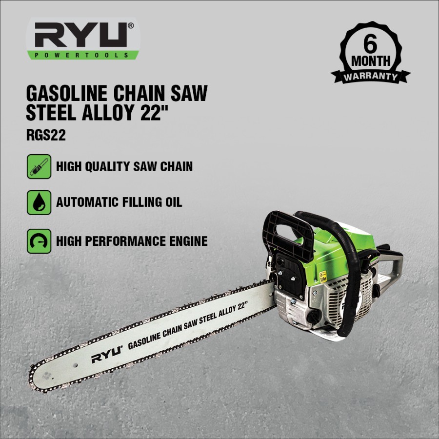 RYU GASOLINE CHAIN SAW STEEL ALLOY 22" - MESIN POTONG KAYU - SENSO