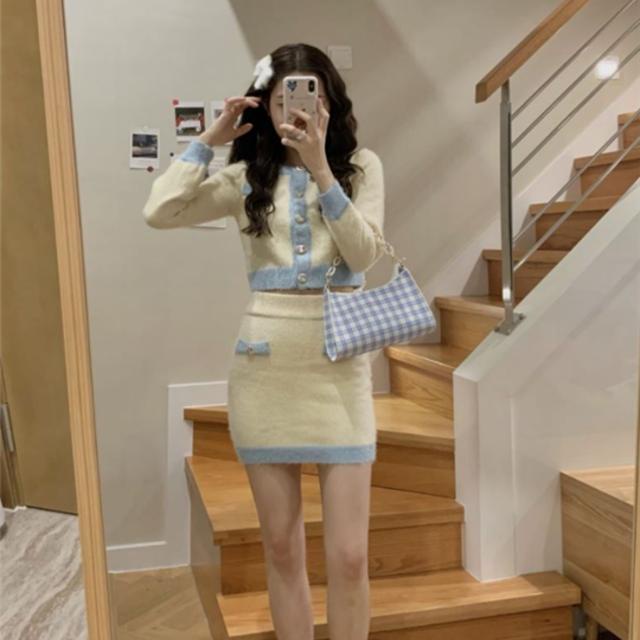 Suhao Setelan Dua Potong Wanita Trendi Gaya Korea Chic Cream Biru Muda Berbulu Rajutan Cardigan + Rok Musim Gugur setelan