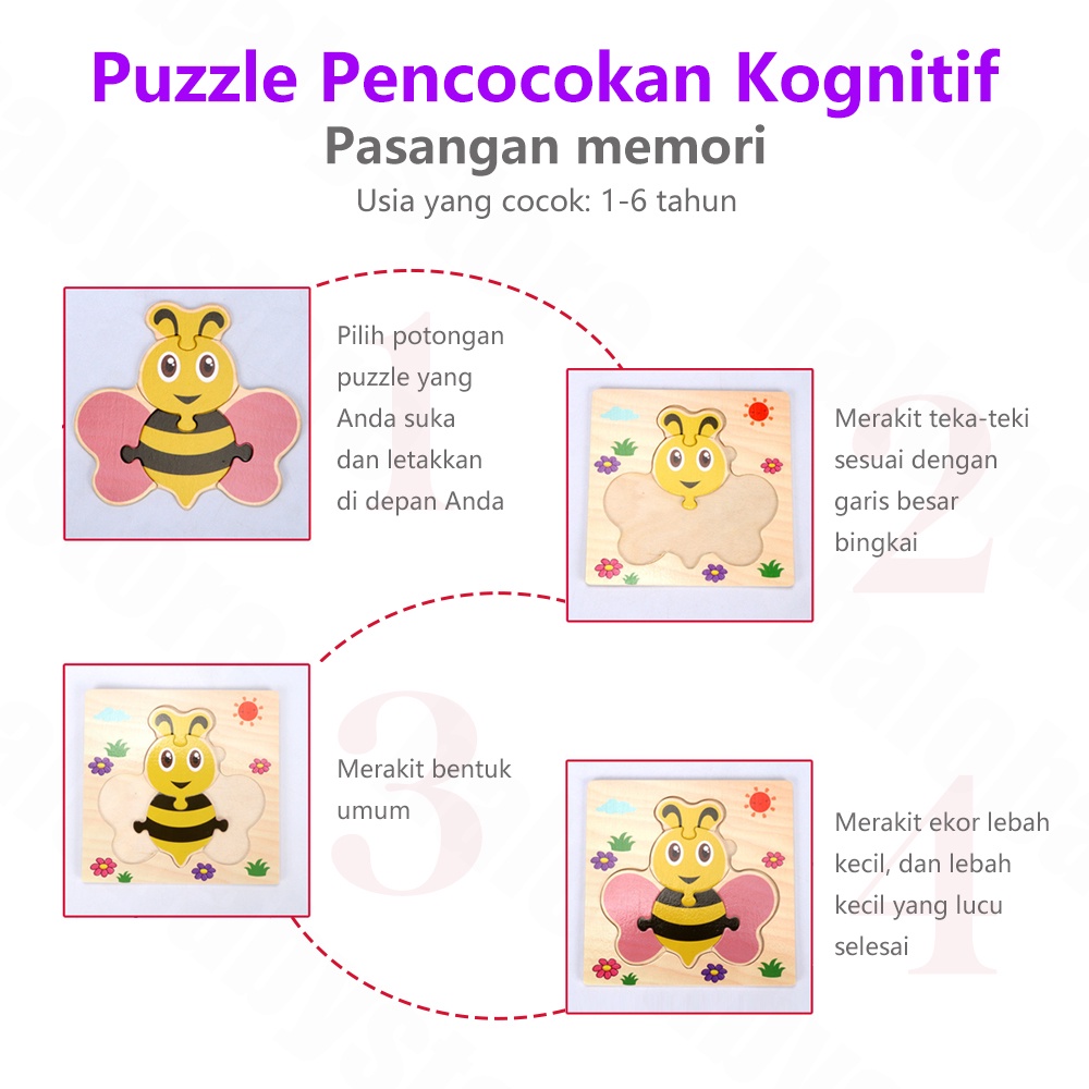 Halo Baby 3D wooden puzzle kayu/Karakter Hewan dan Kendaraan Lucu Puzzle Wooden/chunky puzzle Mainan Edukasi Anak