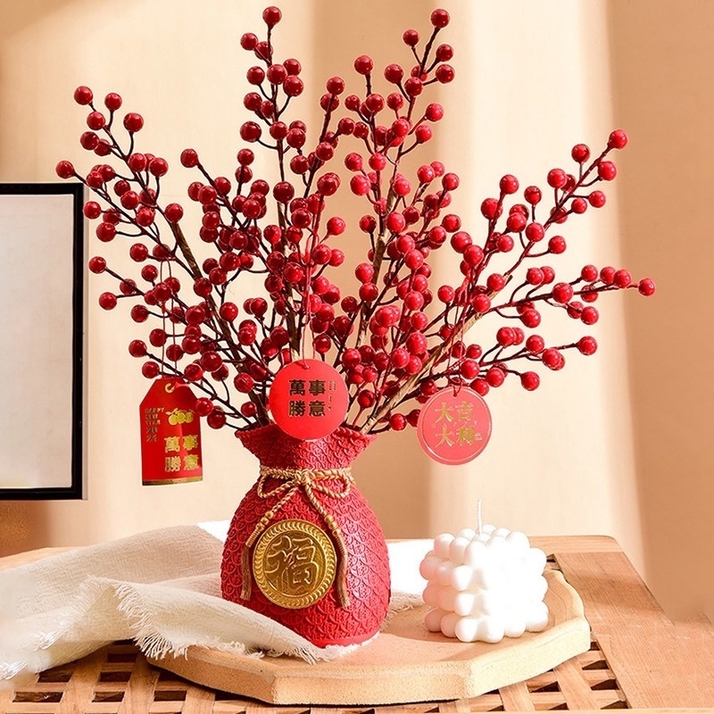 Christmas Decor Berry Bouquet Red Holly Berries Flowers DIY Garland Buket Bunga Buatan Tahun Baru Vas Rumah Untuk Kantor, Hotel, Festival Natal Pesta Dekorasi Rumah