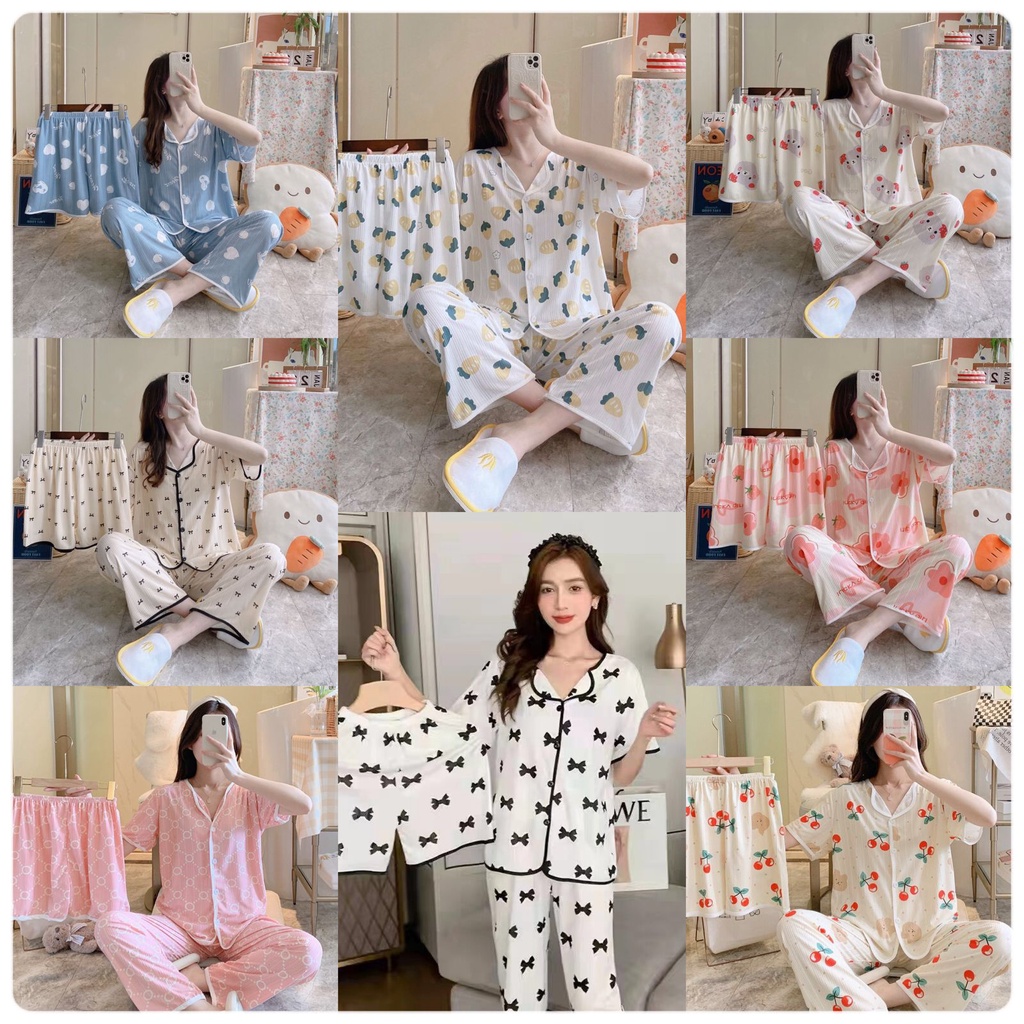 GROSIRTAS TG1523 Set Baju Tidur Wanita Berkerah/Piyama Set Motif 3 IN 1