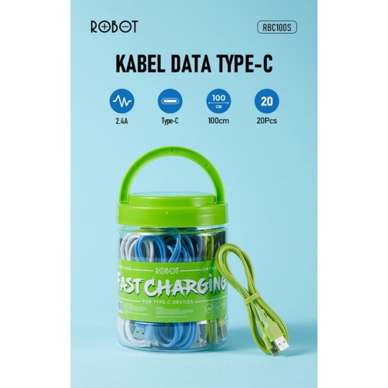 KABEL DATA TOPLES USB Type-C ROBOT RBM RBM100S RBC100S ISI 20pcs 2,4A Panjang 100CM