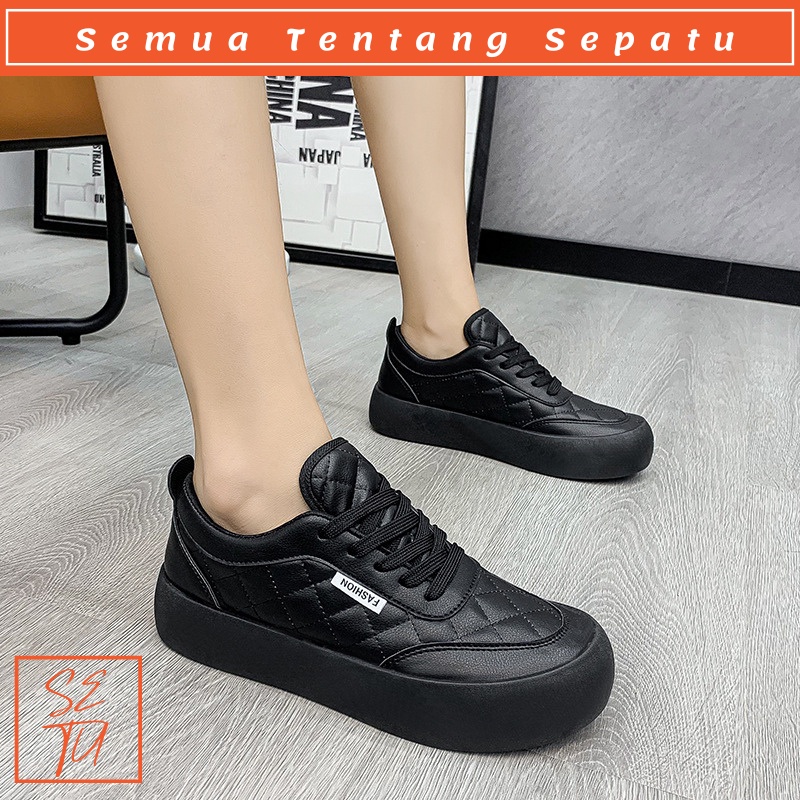 FREE KOTAK Sepatu Sekolah Wanita Full Hitam Polos Keren Best Seller Modis Sneakers Cewek Shoes Trend Kekinian Korean Look 055