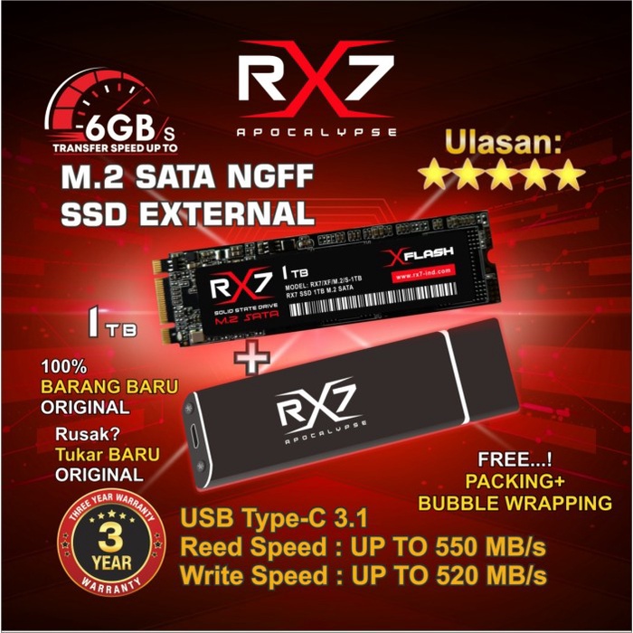 Ssd M2 Sata External 1Tb Rx7 / Enclosure M2 Sata + M2 Sata 1Tb Rx7