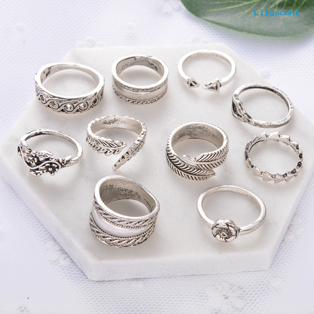 [LS]9Pcs Stackable Knuckle Rings Hollow Keluar Bunga Daun Wanita Vintage Jari Cincin Perhiasan Aksesoris