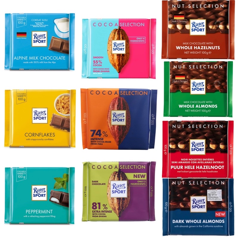 

Cokelat Ritter Sport Chocolate 100gr / Cokelat / Ritter / Sport / Chocolate / Alpine / Milk / Dark / Cornflakes / Peppermint / Cocoa / Selection / 55% / Smooth / 74% / Intense / 81% / Extra / with / Whole / Hazelnut / Almond / strawberry / yogurt