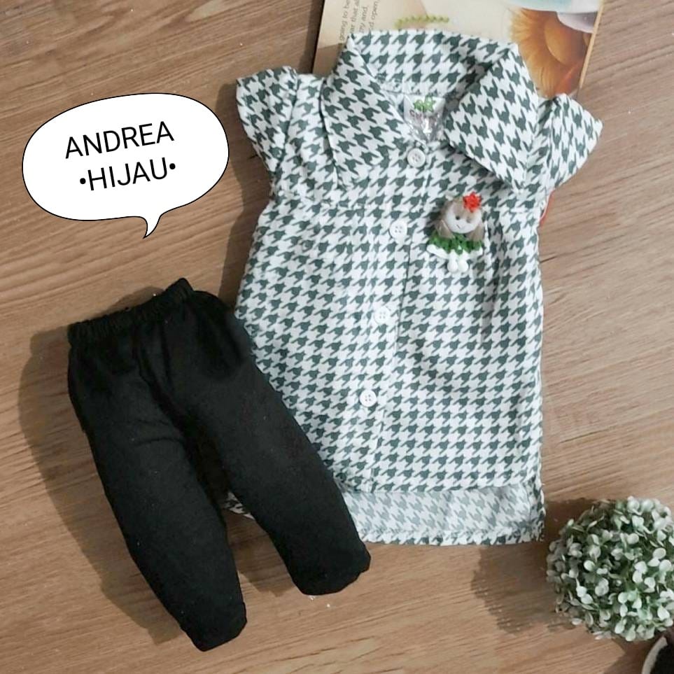 Setelan Baju Anak Perempuan / Baju Bayi Cewek Kemeja Lengan Pendek Dan Celana legging Motif Andrea Denim Usia 0-18 Bulan