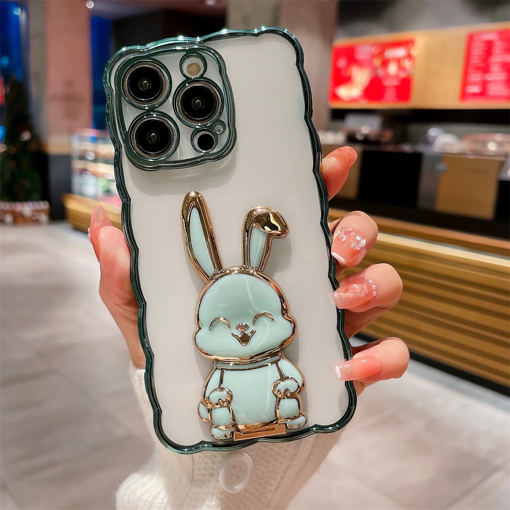 Cute 3D Kelinci Berdiri Untuk iPhone 14 Pro Max Case iPhone 12 13 11promax 14plus Premium Mewah Sepenuhnya Tertutup Perlindungan Shockproof Transparan TPU Soft Back Cover