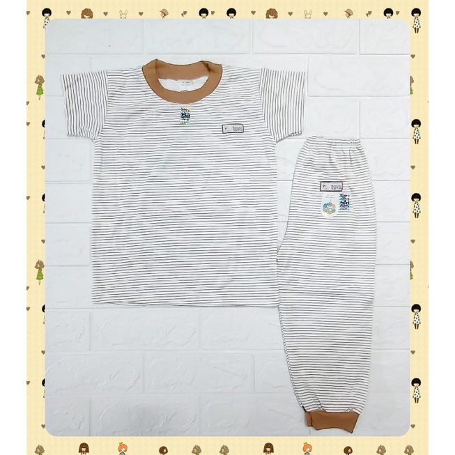 Setelan Anak Kaos Lengan Pendek & Celana Panjang Garis Abu atau Coklat S (4 thn), M (5 thn), L (6 th