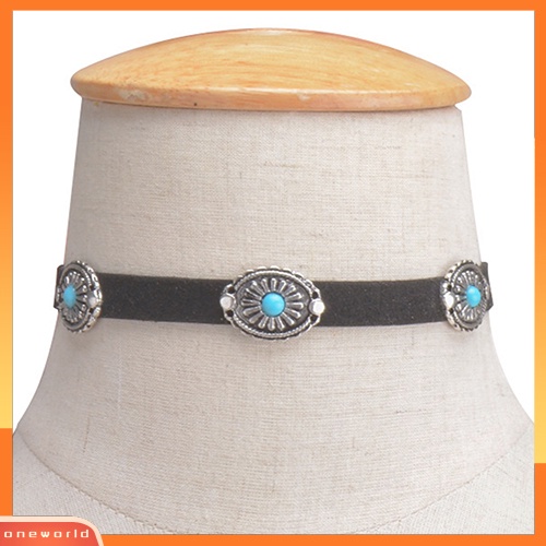 [WONE] Retro Wanita Turquoise Bunga Beludru Choker Kerah Kalung Gaya Etnik Boho