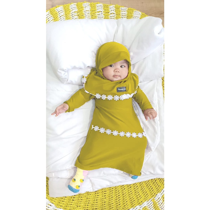 Gamis Hijab Renda Melati Bayi Balita Anak Perempuan Fashion Muslim Lucu Polos Katun 0-2 Tahun lime