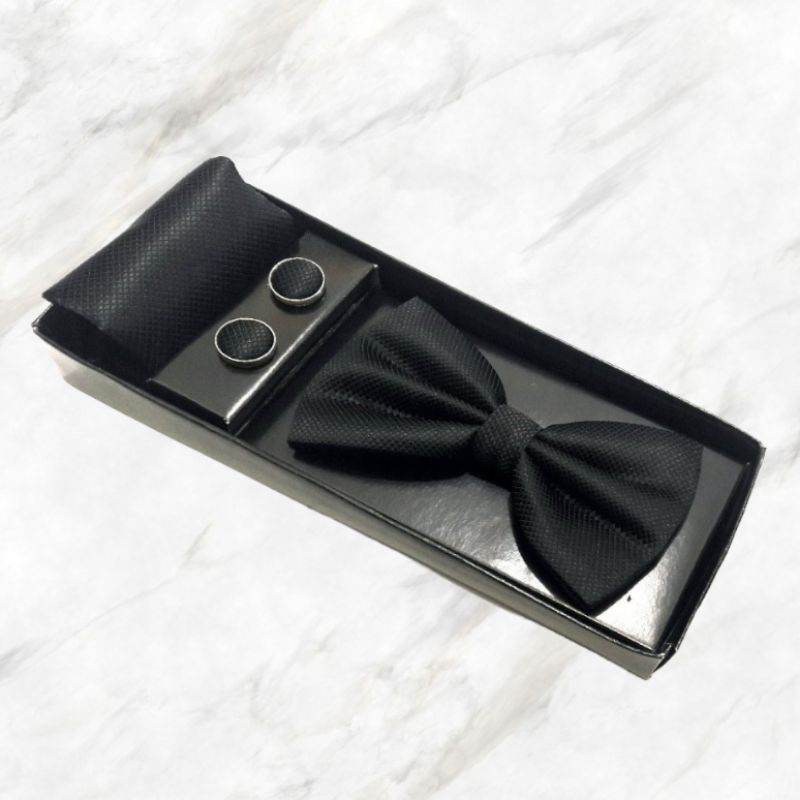 Gift Set Bowtie Import Motif Bintik Isi Dasi Kupu, Pocket Square Handkerchief, Cufflinks