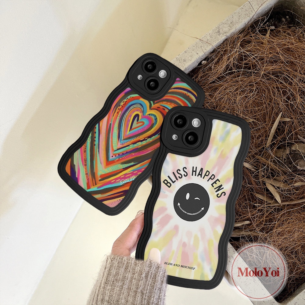 IPHONE Ins Gradasi Warna-Warni Case Kompatibel Untuk Iphone11 12 13 14 Pro Max 6 6s 8 7 Plus 14 Plus XR X XS Max SE 2020cinta Hati Pelangi Lucu Smiley Wavy Edge Soft TPU Cover