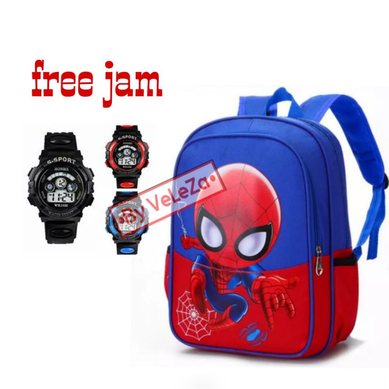 Tas ransel anak karakter superhero spiderman canvas 3in1 - tas + waistbag + jam tangan - tas anak