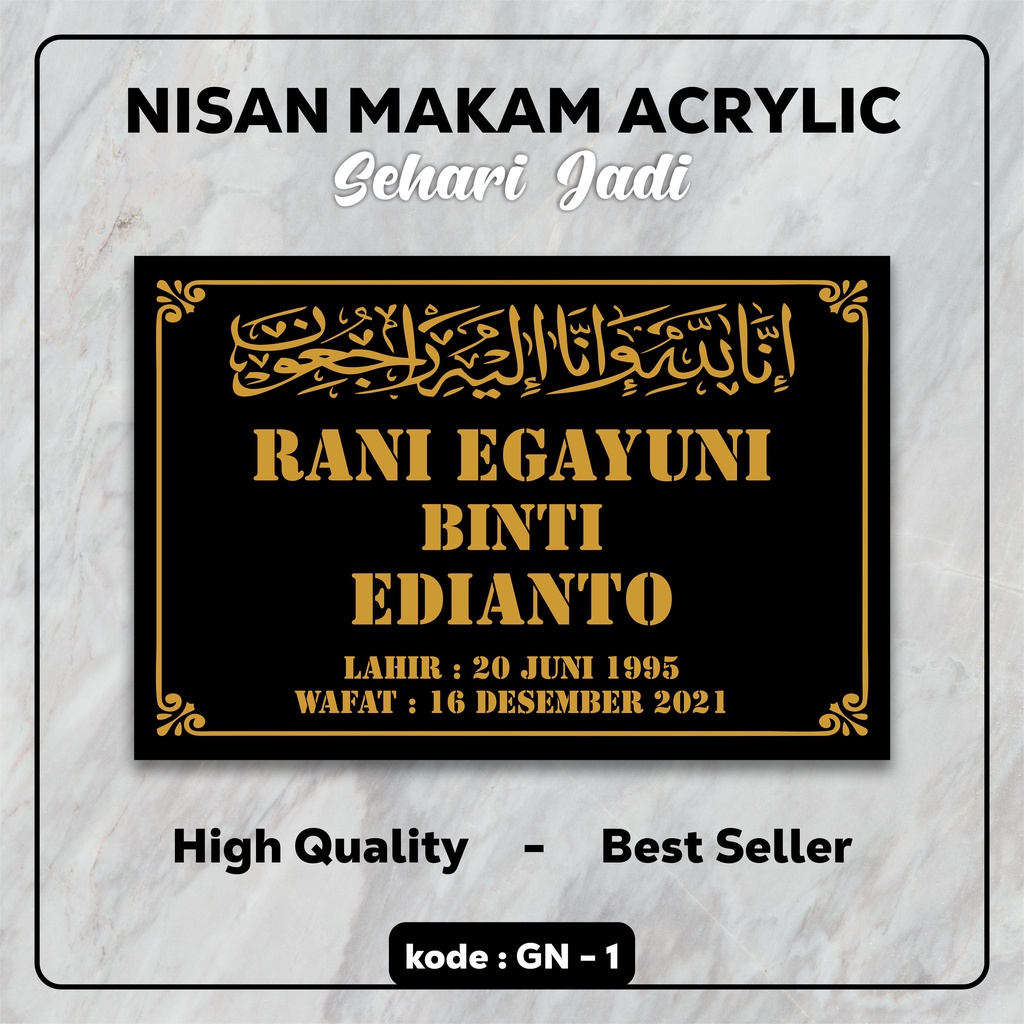 (SEHARI JADI) NAMA NISAN ISLAM BAHAN AKRILIK CUSTOM | BATU NISAN PRASASTI MAKAM UKIR LASER CUT | KIJ