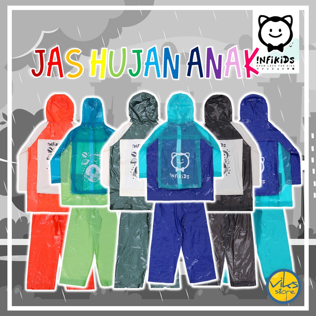 Jas Hujan Anak Kecil 6 - 12 Tahun Infikids Stelan Anti Air Kuat Anti Tembus Bahan PVC Karet Untuk Sekolah SD SMP Sepedah Bermain Motor Mantel Hujan