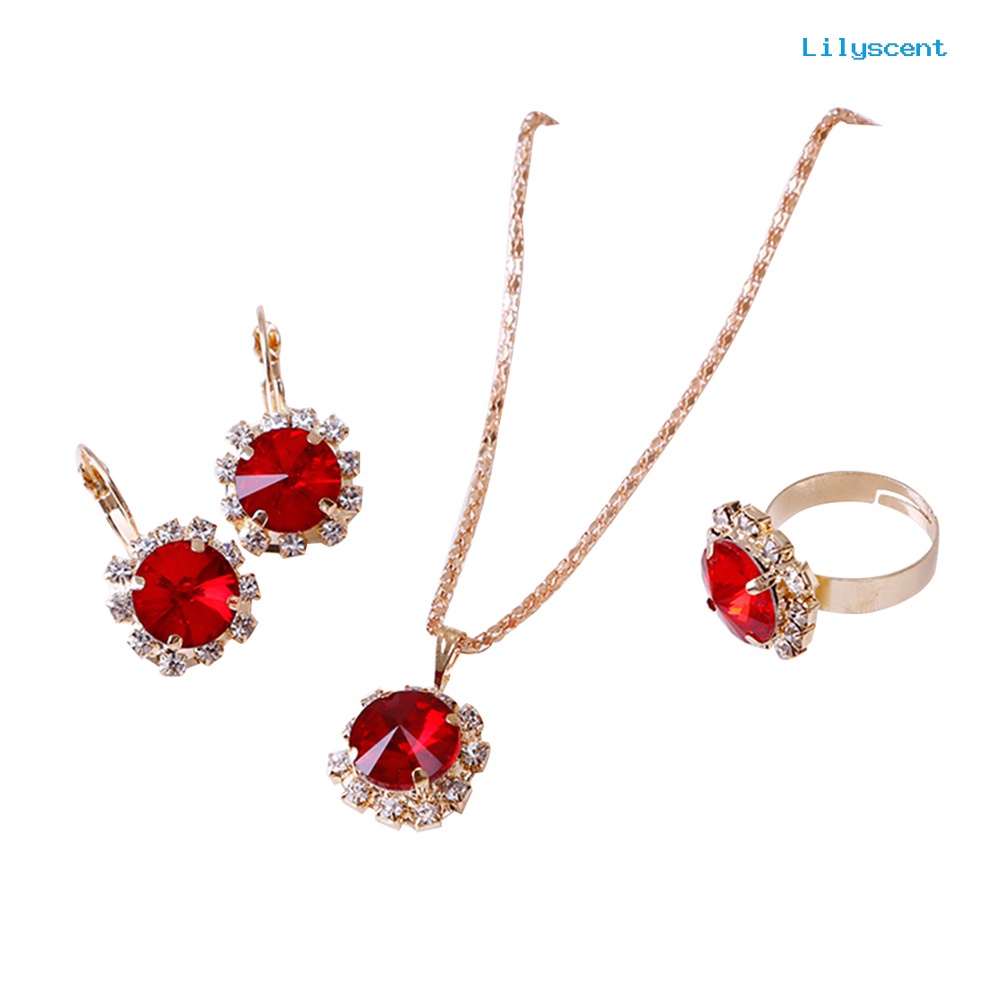 [LS] Fashion Wanita Lingkaran Berlian Imitasi Kalung Anting Cincin Liontin Set Perhiasan