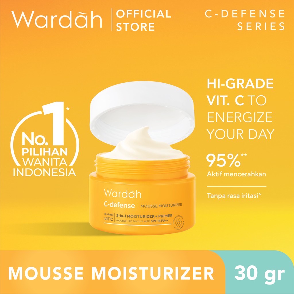 WARDAH C-Defense Mousse Moisturizer Indonesia / Pelembab Wajah 30g / Hi-Grade Vit C 2 In 1 Moisturizer + Primer Mousse Like Texture With SPF 15 PA++ / Skincare Face Care Series Treatment / Energizing Creamy Wash Whip Foam Serum Mist DD Cream Sleeping Mask