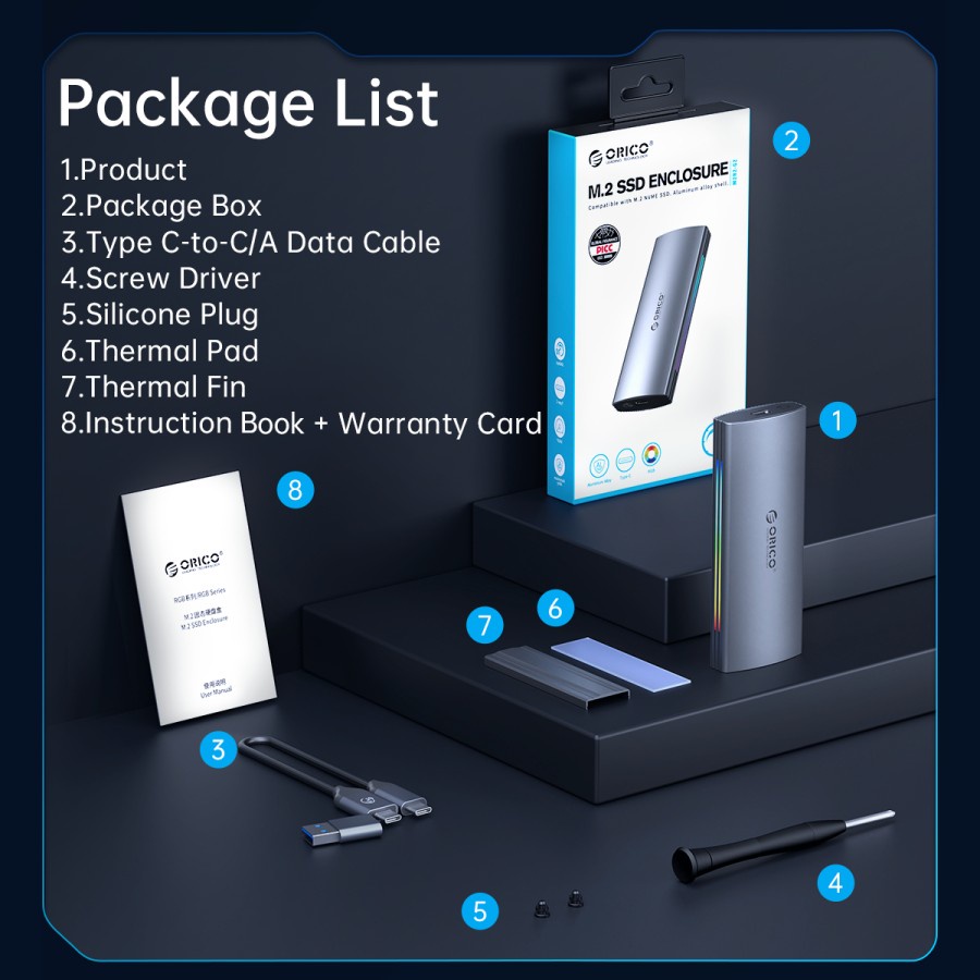 Ssd m2 Enclosure orico Nvme 4tb usb3.1 type-c 10Gbps aluminum rgb m2r2-g2 - Casing external m.2 m-key nvm
