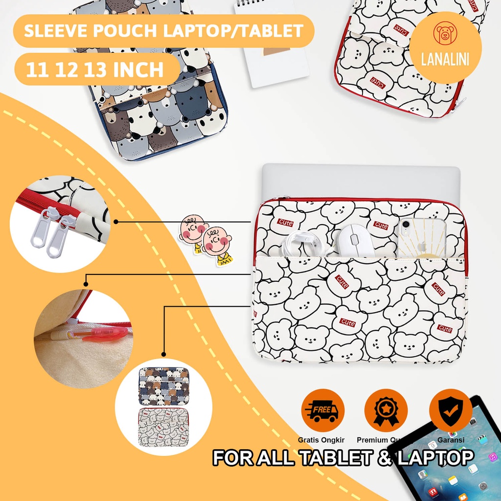 Sleeve Pouch Sarung Tas Bag Case Ipad Tab Tablet Macbook Air Pro Laptop Asus Acer Lenovo HP Huawei 11 12 13 14 15 inch Motif Gambar Bear Beruang Warna Putih White Hitam Black Lucu Cute Murah Korean Model Slot Ruang Stationary Organizer