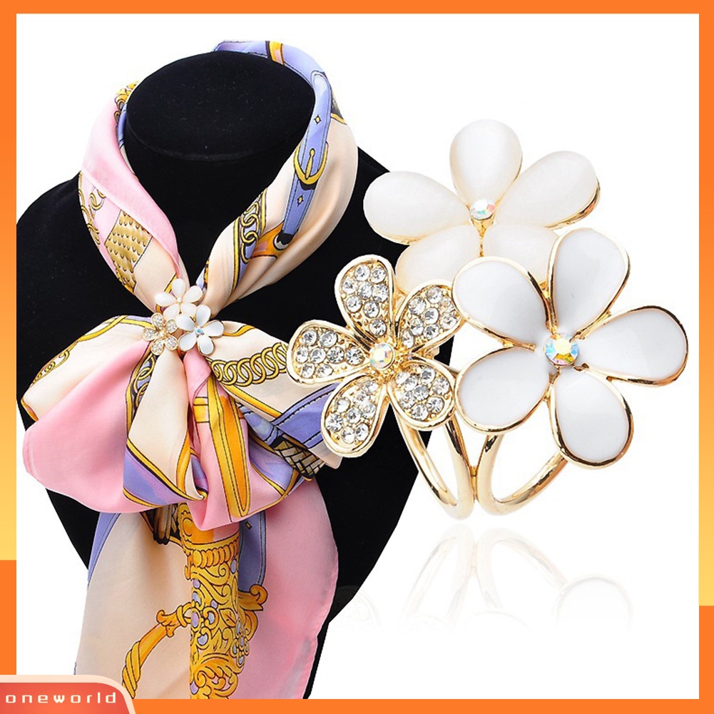 OW@ Women Shiny Rhinestone Inlaid Flower Scarf Ring Clip Holder Brooch Pin Buckle