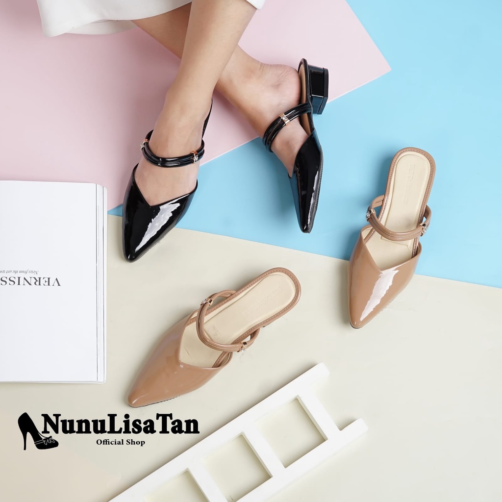 NunuLisaTan - High Heels Pantofel glossy 2 warna hitam mocca LAUREN