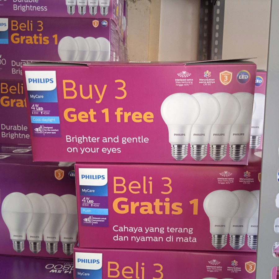 PHILIPS LAMPU PAKET 3 GRATIS 1 Putih 4 Watt 4 W Philips My Care MULTI PACK LED BULB 4Watt White