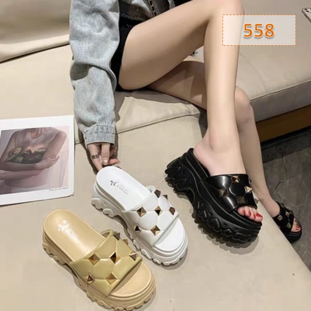 Sandal Wanita Selop Kokop Diamond Hitam Putih Tan (558)