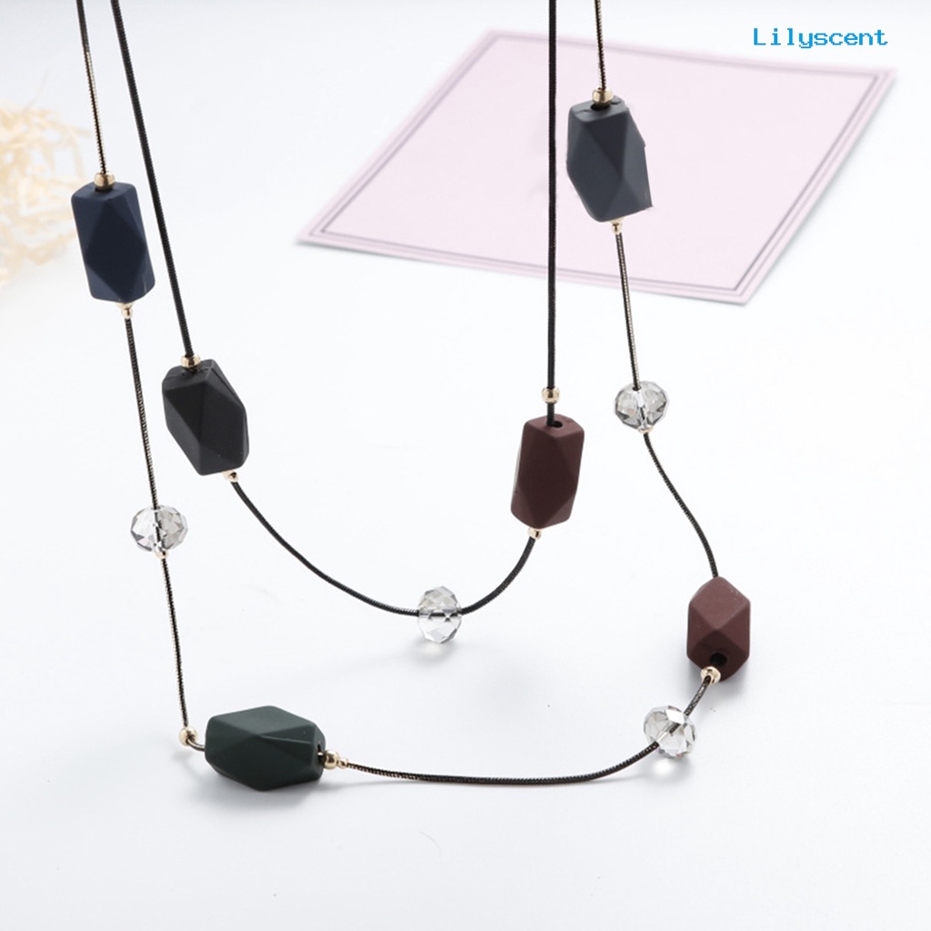 [LS] Ringkas Double Layers Geometri Beads Kalung Rantai Panjang Wanita Ornamen