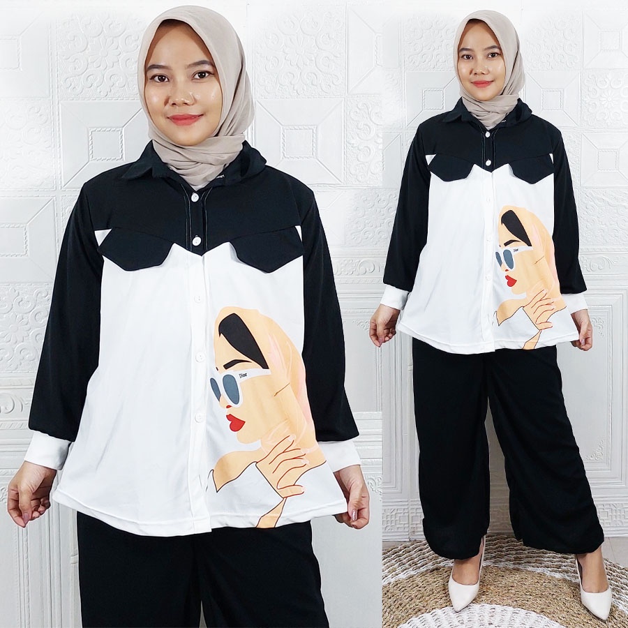 ONE SET WANITA JUMBO KEMEJA LD 110cm DAN CELANA PANJANG MINIGO GADIZ BUSUI FRIENDLY GL FASHION