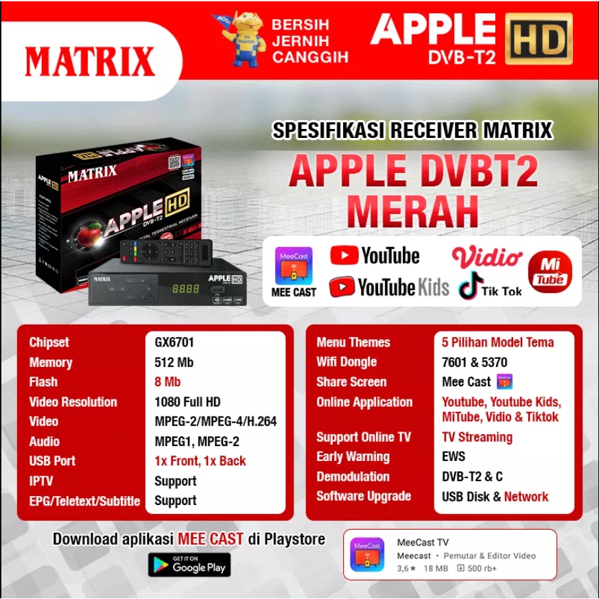 Set Top Box Tv Digital Matrix Apple DVB T2 EWS Apple HD set topbox tv digital untuk tv tabung / set topbox tv analog ke digital / stb tv digital murah / set box tv digital murah / set box tv digital / set top box tv Bisa Youtube GRATIS ONGKIR