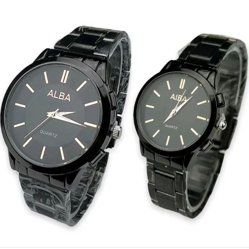 (Cod)Jam Tangan Couple Alba Full Hitam Harga 1pcs Strap Rantai/Stell(Dikirim Jakarta)