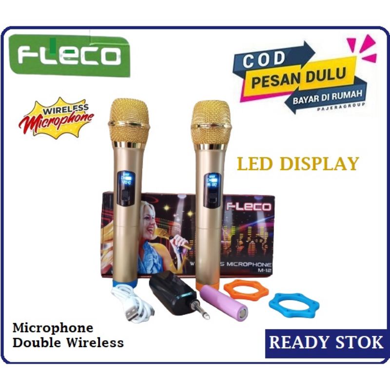 Fleco M12 Microphone wireless Karaoke Super Bass Mic double Profesional Microphone Tanpa Kabel Isi Dua