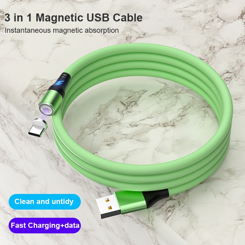 Kabel Data Usb Led Magnetik Berputar 3in1 5A Silikon Micro Usb Fast Charging Wire Untuk i-phone Tipe C Android Data Line