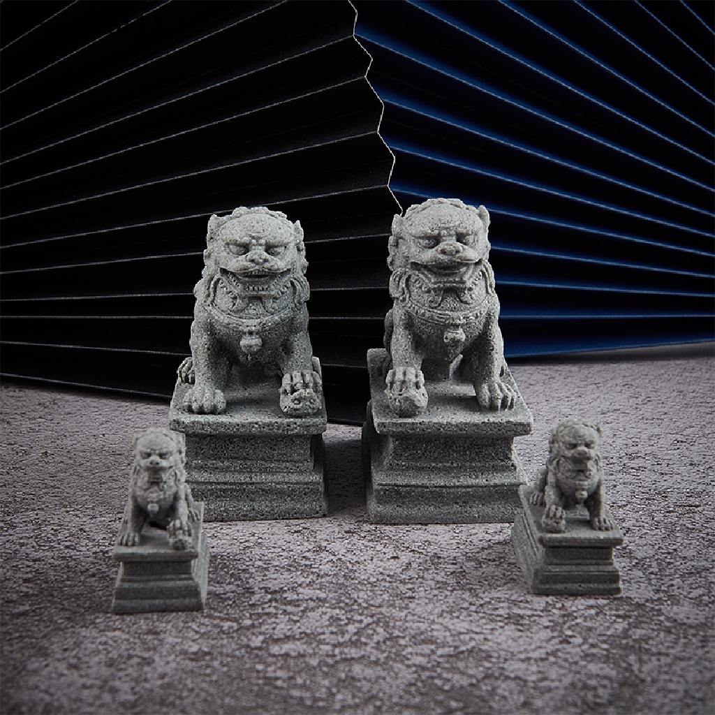 Xo 2Pcs Mini Stone Lion Decor Gaya Cina Patung Singa Desktop Feng Shui Perhiasan OL