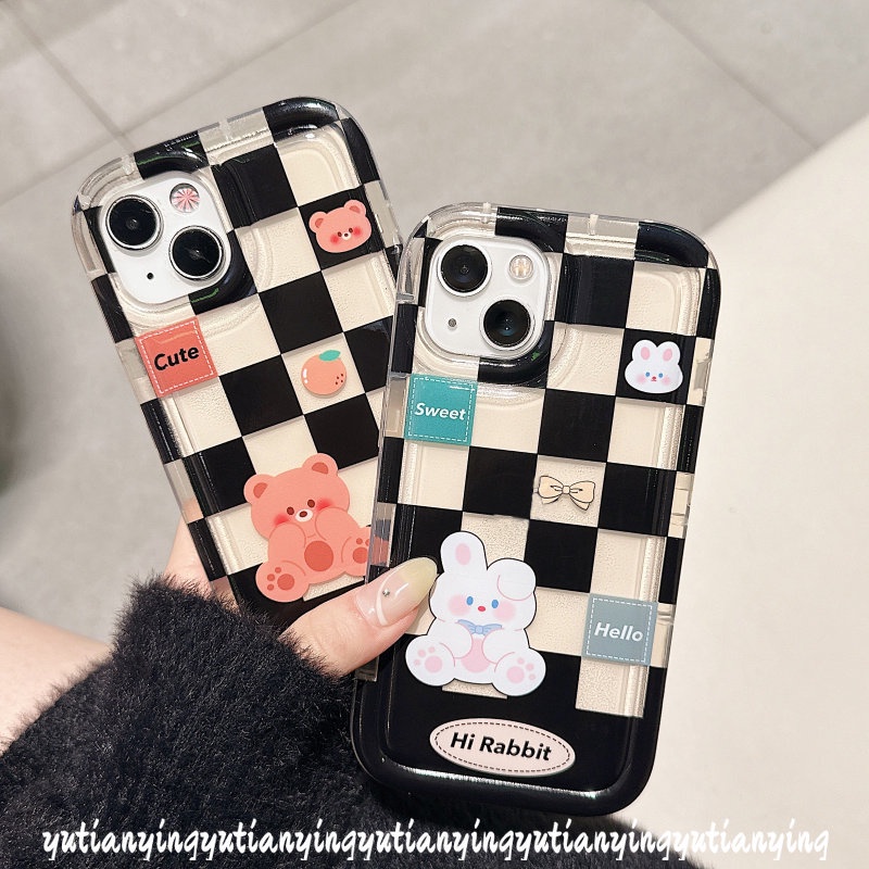 Case Kotak-Kotak Kompatibel Untuk iPhone 7Plus 8Plus 11 14 13 12 Pro MAX XR 7 8 6 6S Plus X XS MAX Beruang Lucu Kelinci Shockproof Airbag Lembut TPU Lovers Phone Case