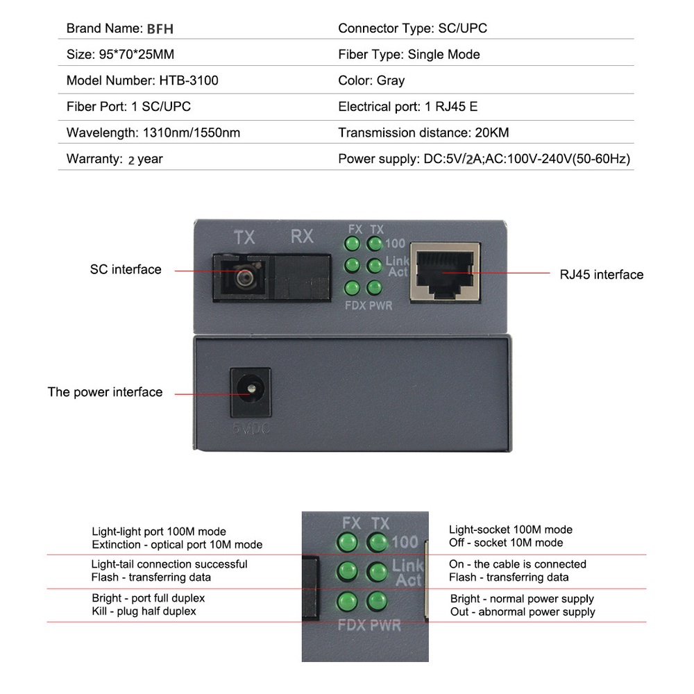 【With adapter】1 Pair HTB-3100AB Optical Fiber Media Converter Fiber Transceiver Single Fiber Converter SC 10/100M Singlemode