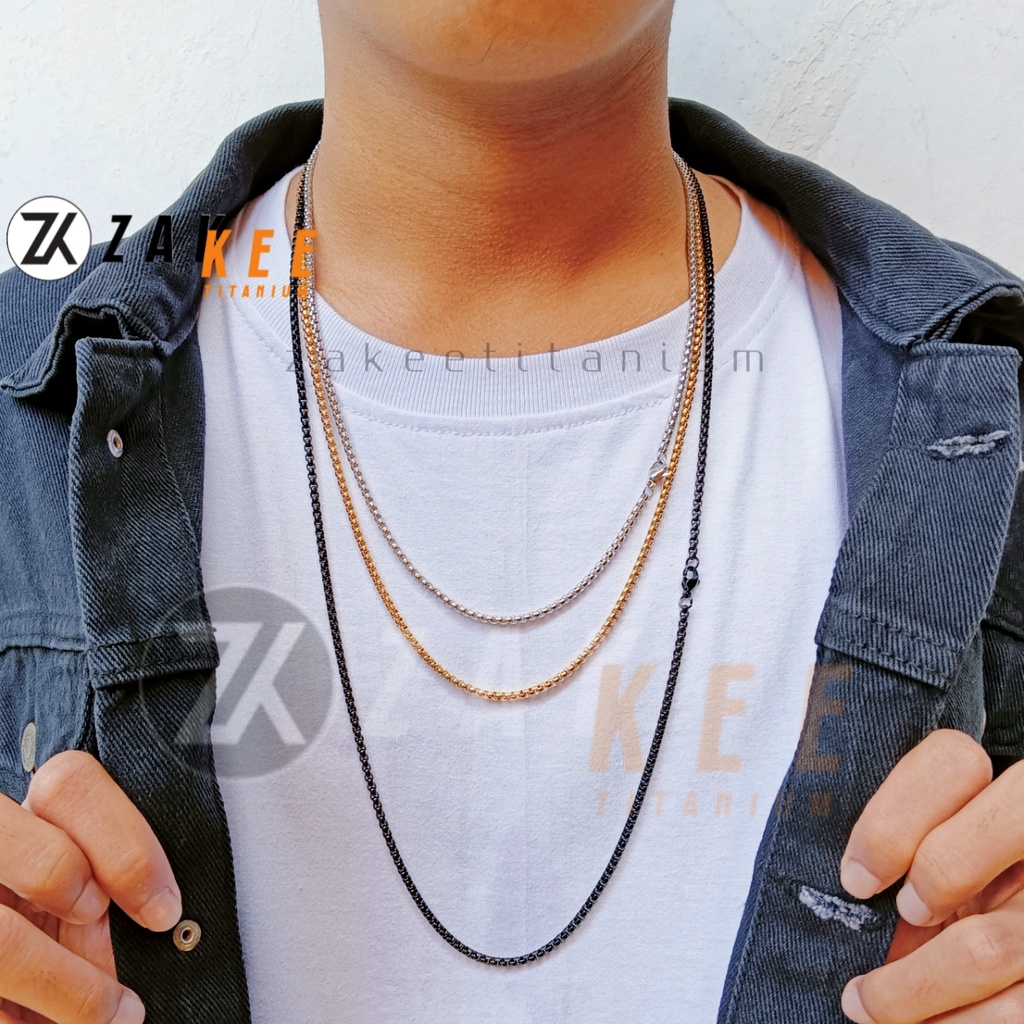 Kalung Pria Titanium Anti Karat Rantai Cowok Cowo Pria Warna Silver Emas Hitam Keren Panjang 45cm 50cm 55cm 60cm 75cm