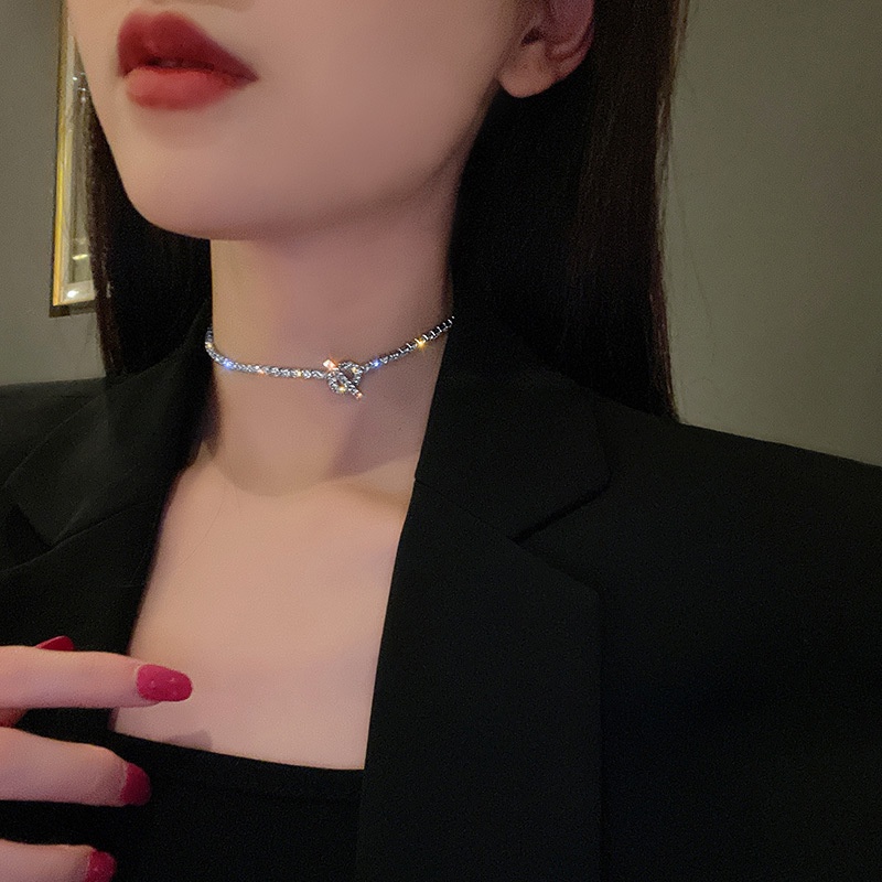 Super flash rhinestone OT clasp Kalung Pendek Wanita Korea Gaya Minimalis Rantai Tulang Selangka