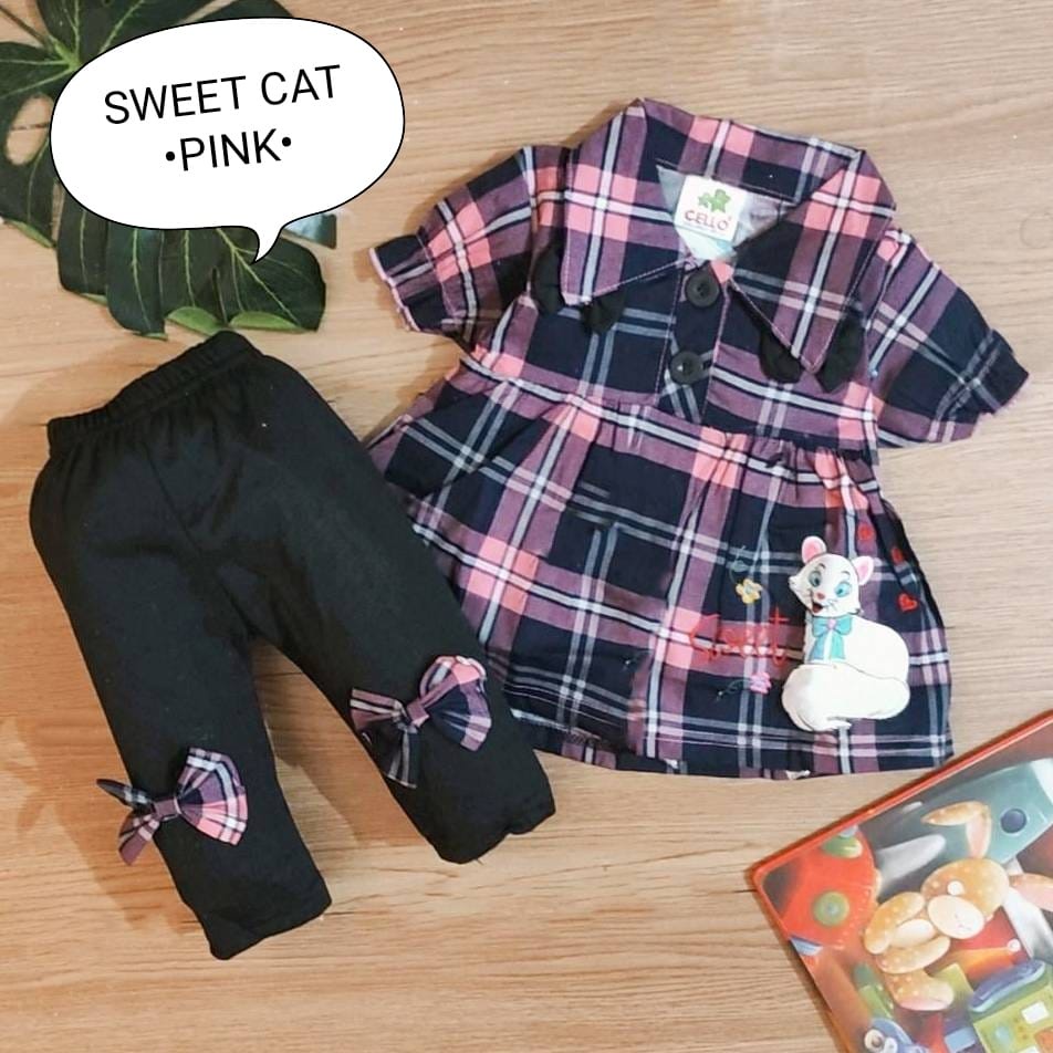 Setelan Baju Anak Perempuan / Setelan Kemeja Legging Bayi Cewek Celana Panjang Motif Sweet Cat Usia 0-2 Tahun